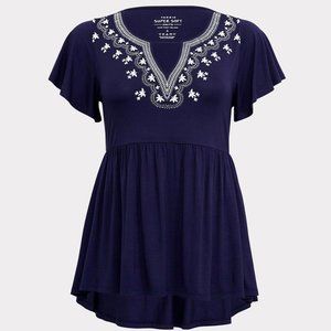 Torrid Super Soft Knit Blue White Embroidery Short Sleeve Hi Low Stretch -Size 4